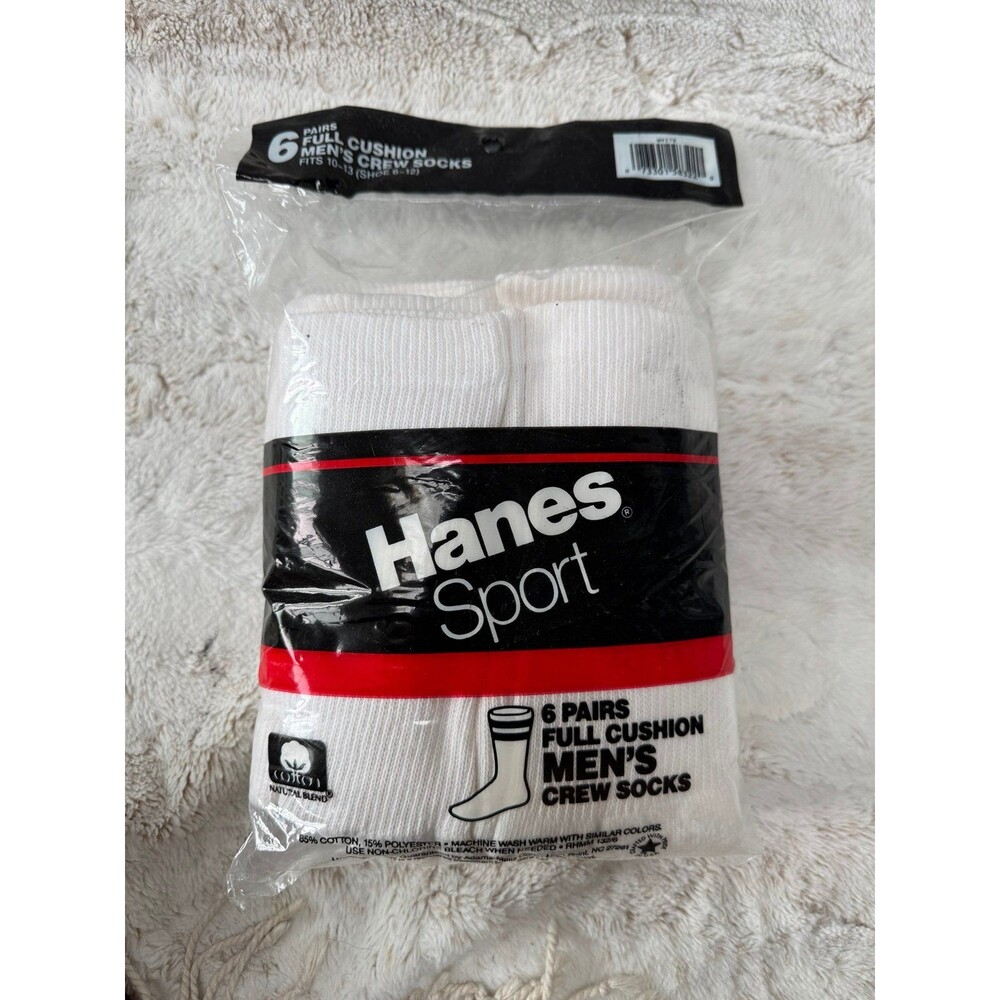 Vintage 90s Hanes Sport Crew Socks 6 Pack Full Cushion White Mens 10-13 NOS
